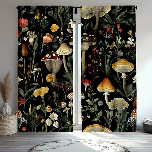 2Pcs Classic Polyester Mushroom and Moth Curtains, Retro Forest Pattern Drapes for Bedroom, 52X84 Inches, Nature-Inspired Home D