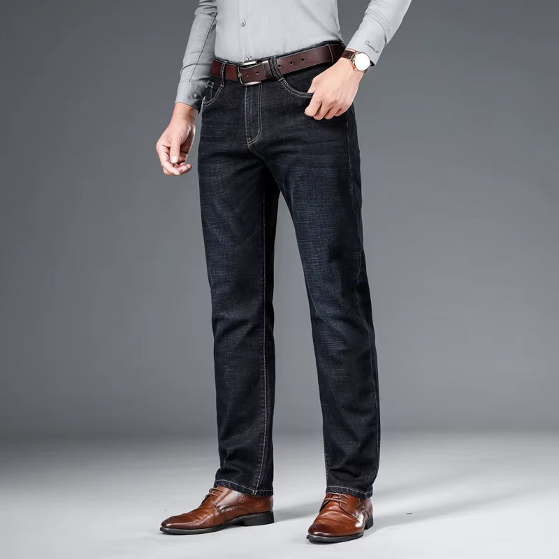2024 Autumn Spring Fitted Straight Stretch Denim Jeans Classic Style Badge Youth Men'S Business Casual Jeans Trousers