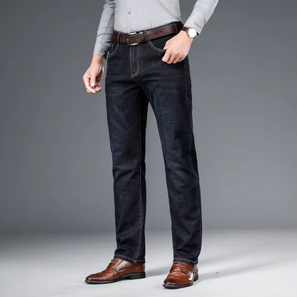 2024 Autumn Spring Fitted Straight Stretch Denim Jeans Classic Style Badge Youth Men'S Business Casual Jeans Trousers
