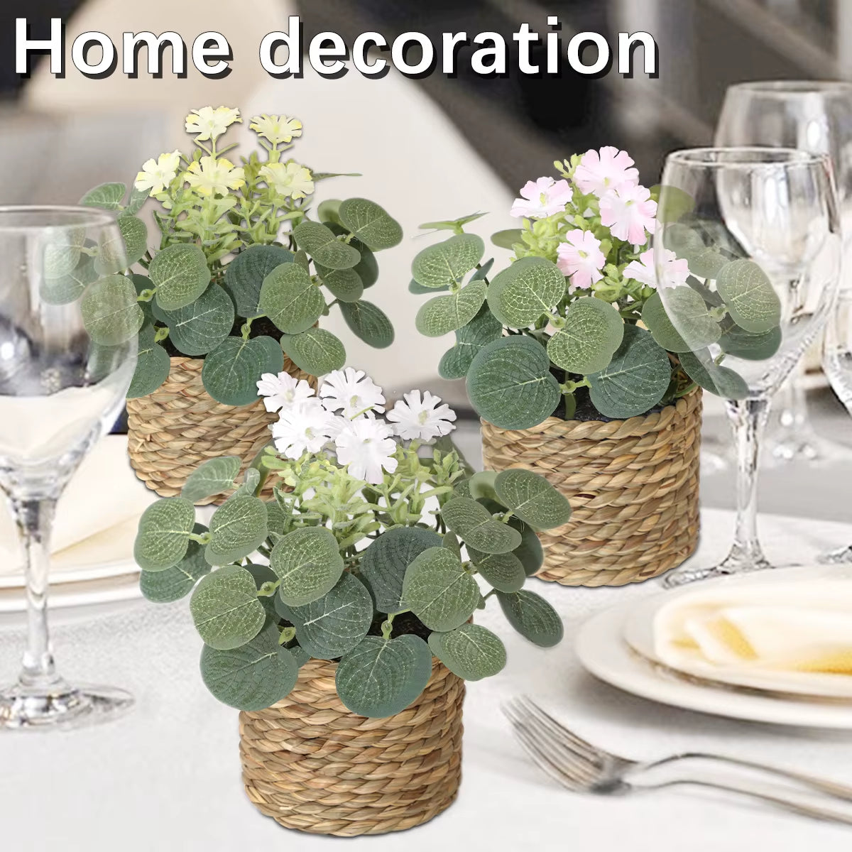 Green Artificial Plants Eucalyptus Flowers Woven Small Potted Plants Grass Mound 11Cm PE Material Home Decoration