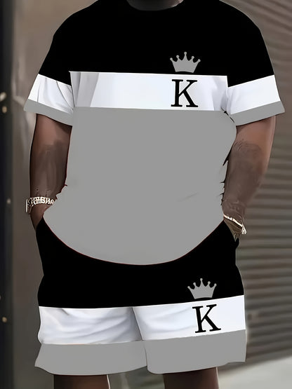 [Plus Size 3D Print Sport Set] Men's Plus Size 3D Digital Print Casual Sport T-Shirt and Shorts Set | Sweat-Resistant, All-Season, Regular Fit, Crew Neck, Slight Stretch Fabric | Suitable for Daily Wear, Outings, Sports, Camp