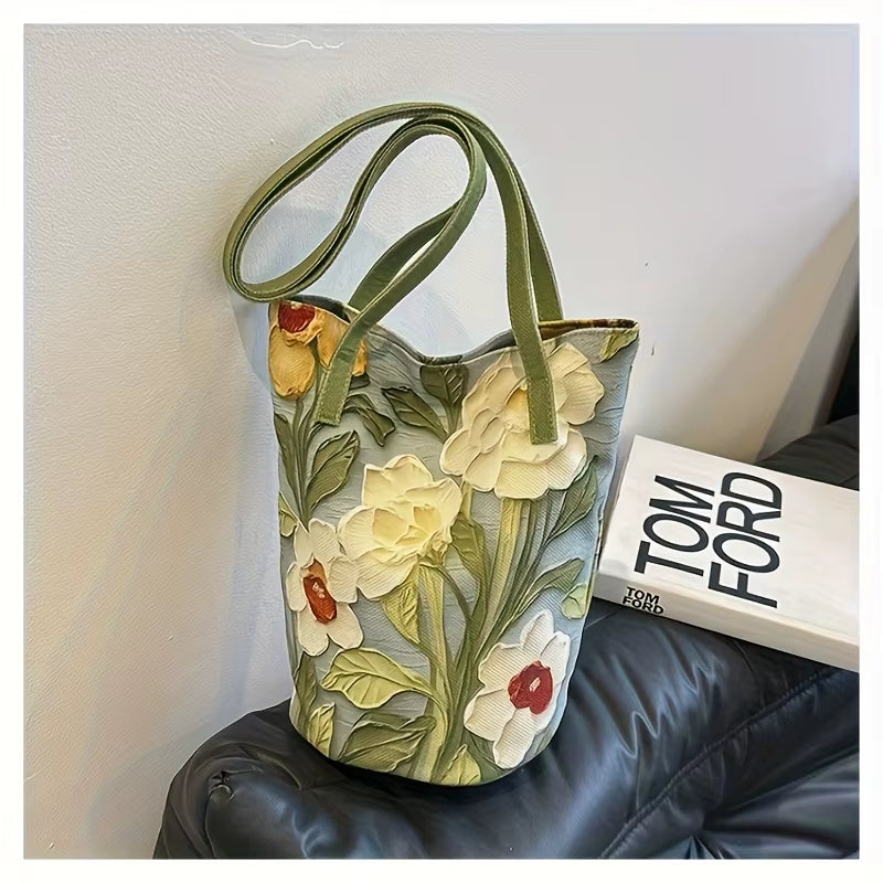 Women'S Large Capacity Summer Floral Oxford Bucket Bag Casual Fashionable Shoulder Bag with Oil Painting Flower Design Handbag