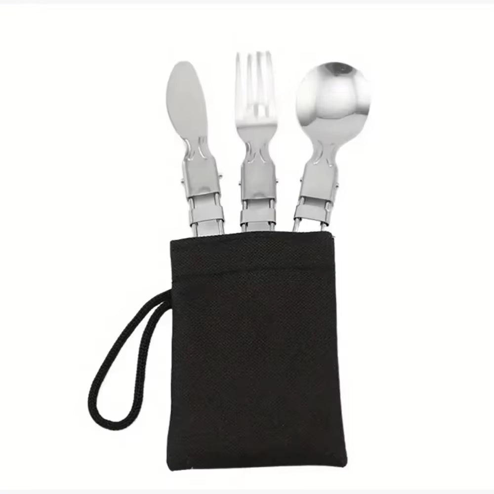 3Pcs/1Set Portable Outdoor Camping Travel Picnic Foldable Stainless Steel Cutlery Set Spoon Fork Knife Tableware Outdoor Travel