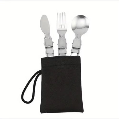 3Pcs/1Set Portable Outdoor Camping Travel Picnic Foldable Stainless Steel Cutlery Set Spoon Fork Knife Tableware Outdoor Travel