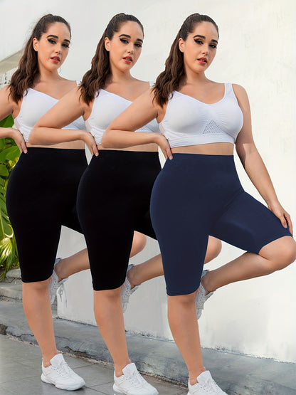 3-Pack Plus Size Yoga Shorts For Women, High Waist Peach Lift, Stretchy, Butt-lifting, High Elasticity, Fitness Activewear, Quick-Dry, Seamless Sport Shorts Set