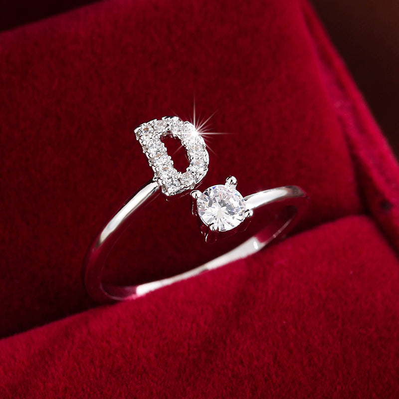 Fashionable 26 English Letters Four-Prong Synthetic Synthetic Zirconia Open Adjustment Ring Beauty Fashion