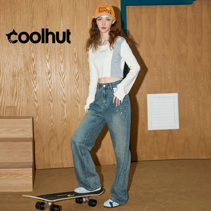 2025 High Waist Straight Wide Leg Flare Denim Pants Women Vintage Beaded Casual American Style Floor Length Draped Jeans