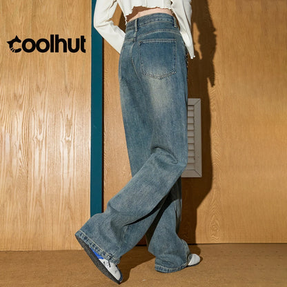2025 High Waist Straight Wide Leg Flare Denim Pants Women Vintage Beaded Casual American Style Floor Length Draped Jeans