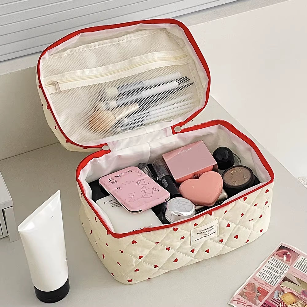 Fashion Ins Heart Women Quilting Makeup Bag Large Capacity Toiletry Cosmetic Storage Pouch Handbag Ladies Zipper Makeup Bag