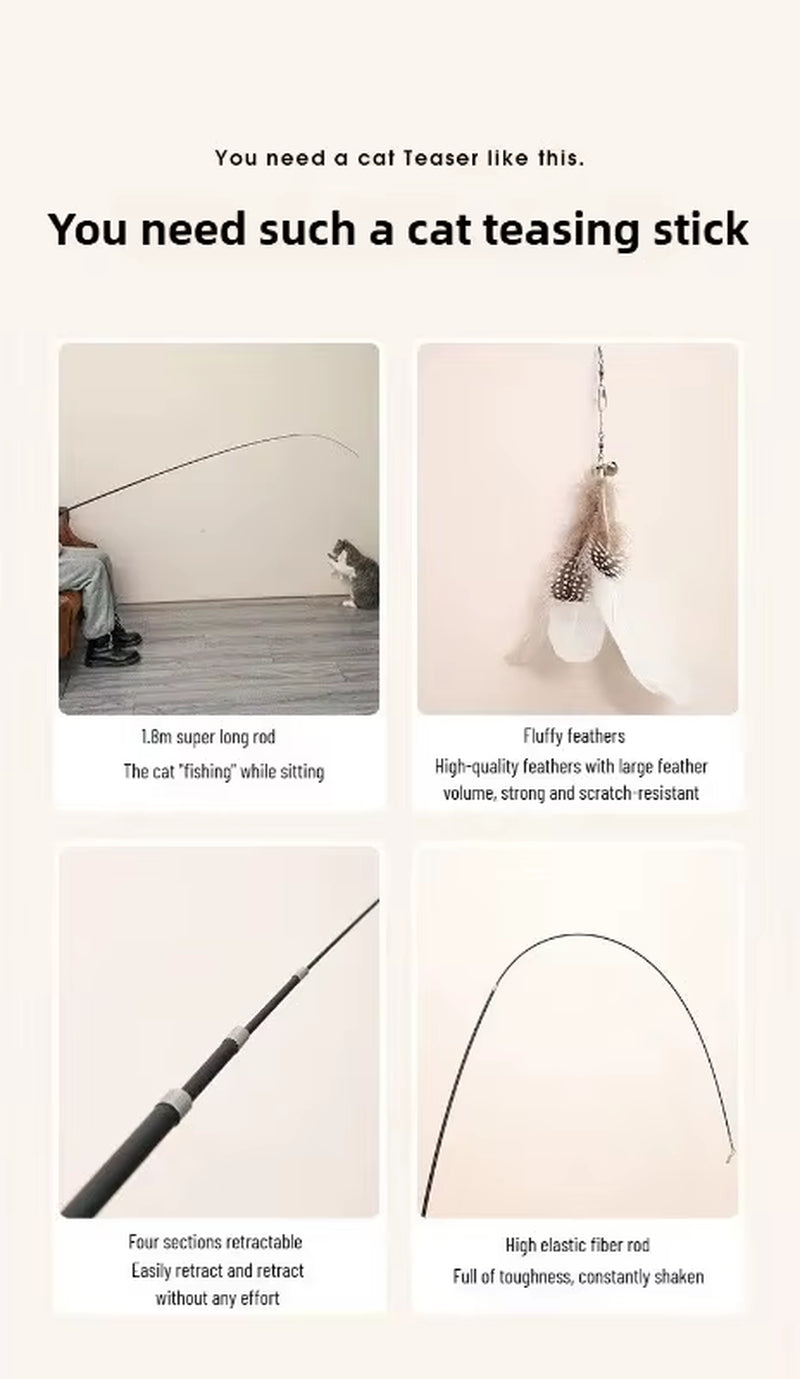 Extended Telescopic Cat Stick Cat Toys 1.8M Scratch Resistant Pet Accessories Telescopic Fishing Rod with Feather for Active Cat