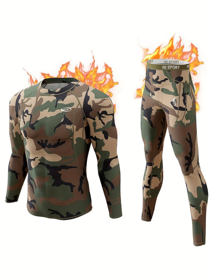 Camouflage Print Thermal Underwear For Men, Long Johns Set With Fleece, Winter Hunting Outdoor Running Cycling Ski Equipment Sports Yoga Fitness Base Layer Sport Top & Bottom
