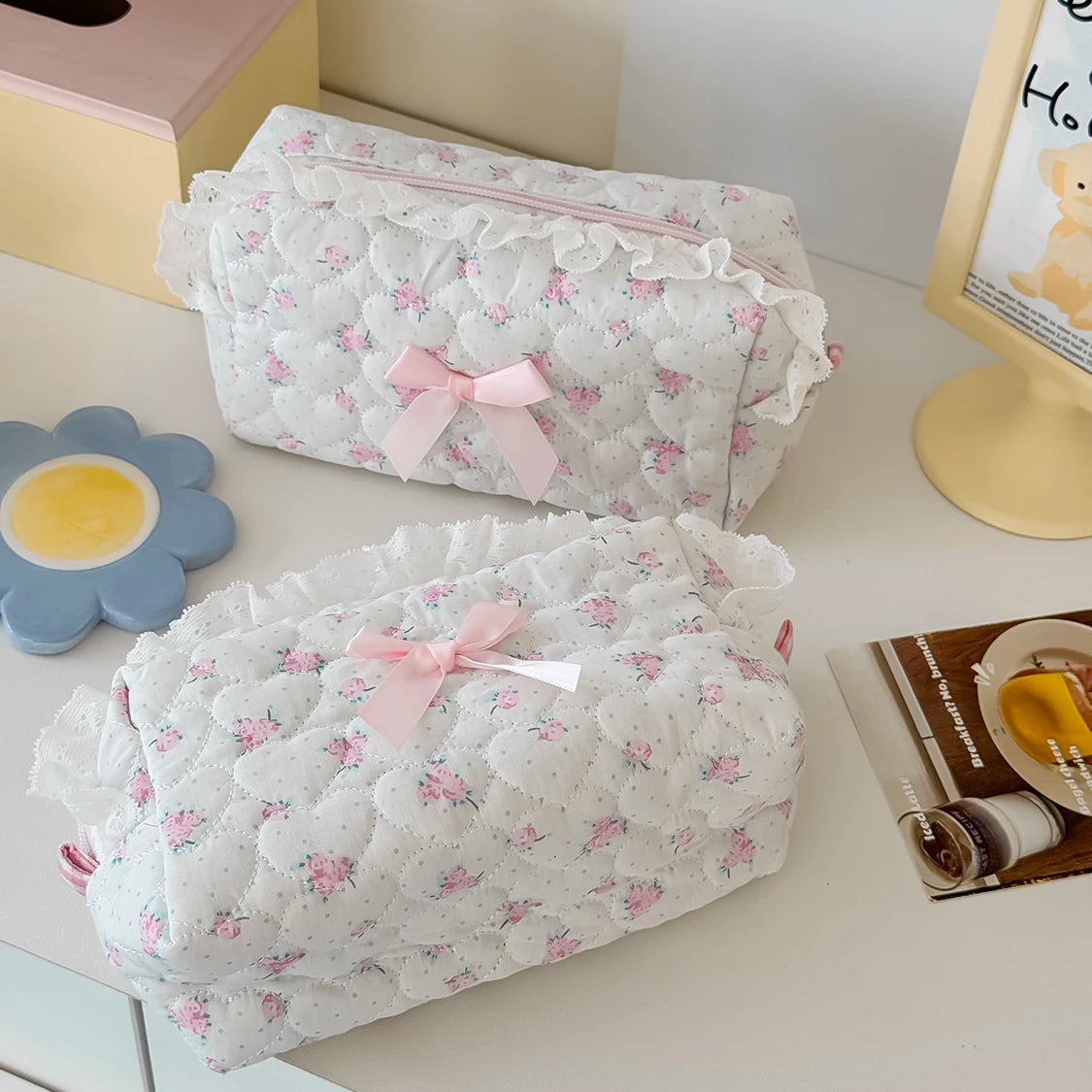 Wholesale Flower Women Lace Small Makeup Bag Travel Organizer Cosmetic Handbag Pouch Gilrs Cute Bow Square Zipper Wallet Bags
