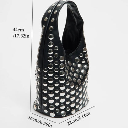 Punk Style Embellished Double-Faced round Rivet Inlaid Niche Luxury Bucket Bag Chic Lady Underarm Large Capacity Shoulder Bag