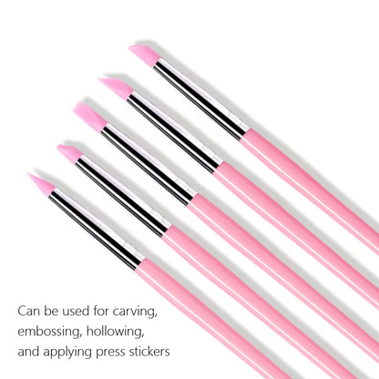 5Pcs Silicone Nail Brush Carving Emboss Hollow Gel Shaping Pink Nail Art Sculpture Pen Drawing Brushes