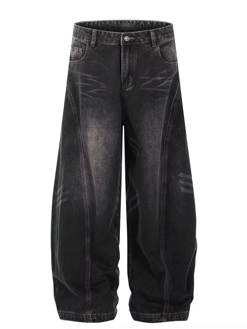 Vintage Black Washed Baggy Jeans Pants Men Wide Leg Curved Blade Pants Streetwear Cowboy Casual Denim Straight Trousers