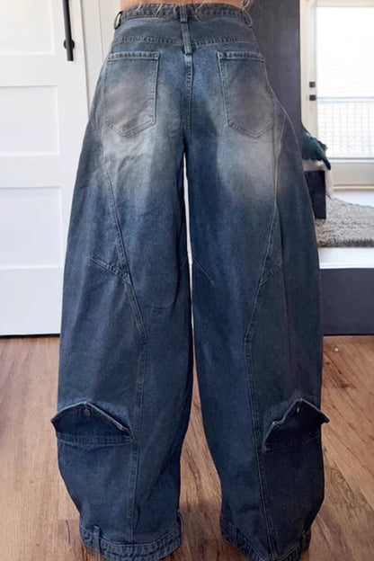 Women Loose Denim Jeans Pants Asymmetric Button Pocket Washed Casual Harajuku High Street Grunge Denim Trouders Jeans for Women