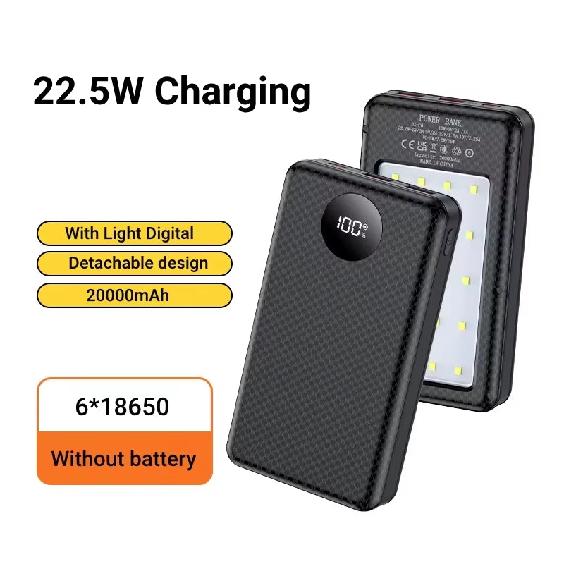 6*18650 20000Mah Power Bank Case 22.5W Fast Charging 15W Wireless Charging Mobile Power Bank Housing Battery Holder for Phone