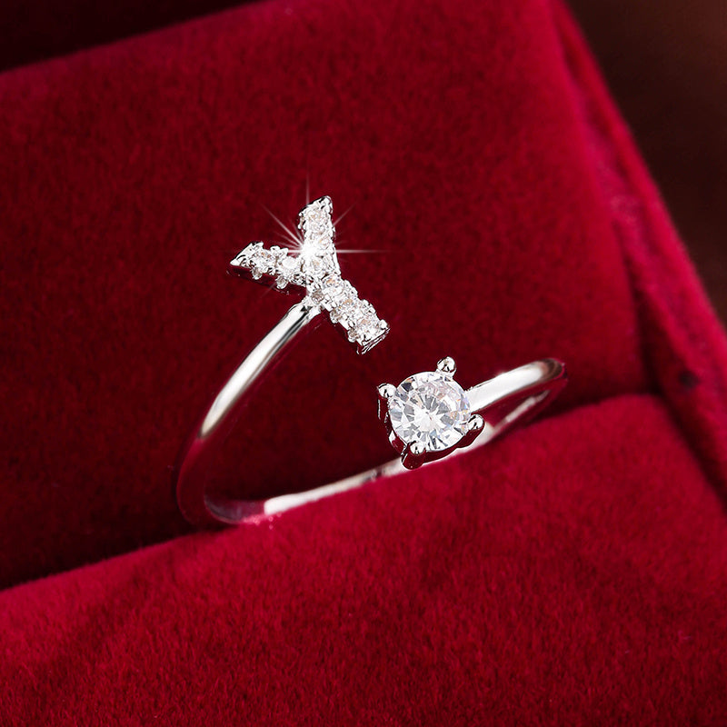 Fashionable 26 English Letters Four-Prong Synthetic Synthetic Zirconia Open Adjustment Ring Beauty Fashion