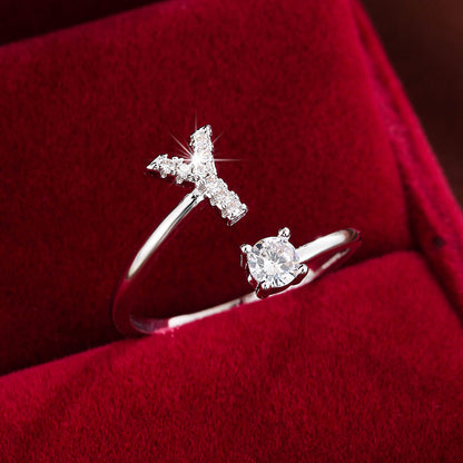 Fashionable 26 English Letters Four-Prong Synthetic Synthetic Zirconia Open Adjustment Ring Beauty Fashion