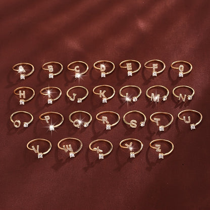 Fashionable 26 English Letters Four-Prong Synthetic Synthetic Zirconia Open Adjustment Ring Beauty Fashion