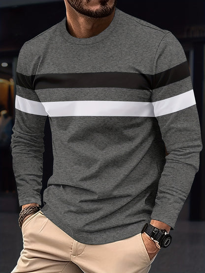 Men's Long Sleeve Crew Neck T-Shirt - Polyester Blend, Basic Solid Color with Color Block Detail, Slight Stretch Knit, Casual Sport Style, for Spring/Fall Beauty World Shop