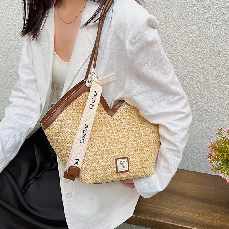 Straw Beach Bag Vintage Handmade Woven Shoulder Bag Raffia Circle Rattan Bags Bohemian Summer Vacation Casual Bags