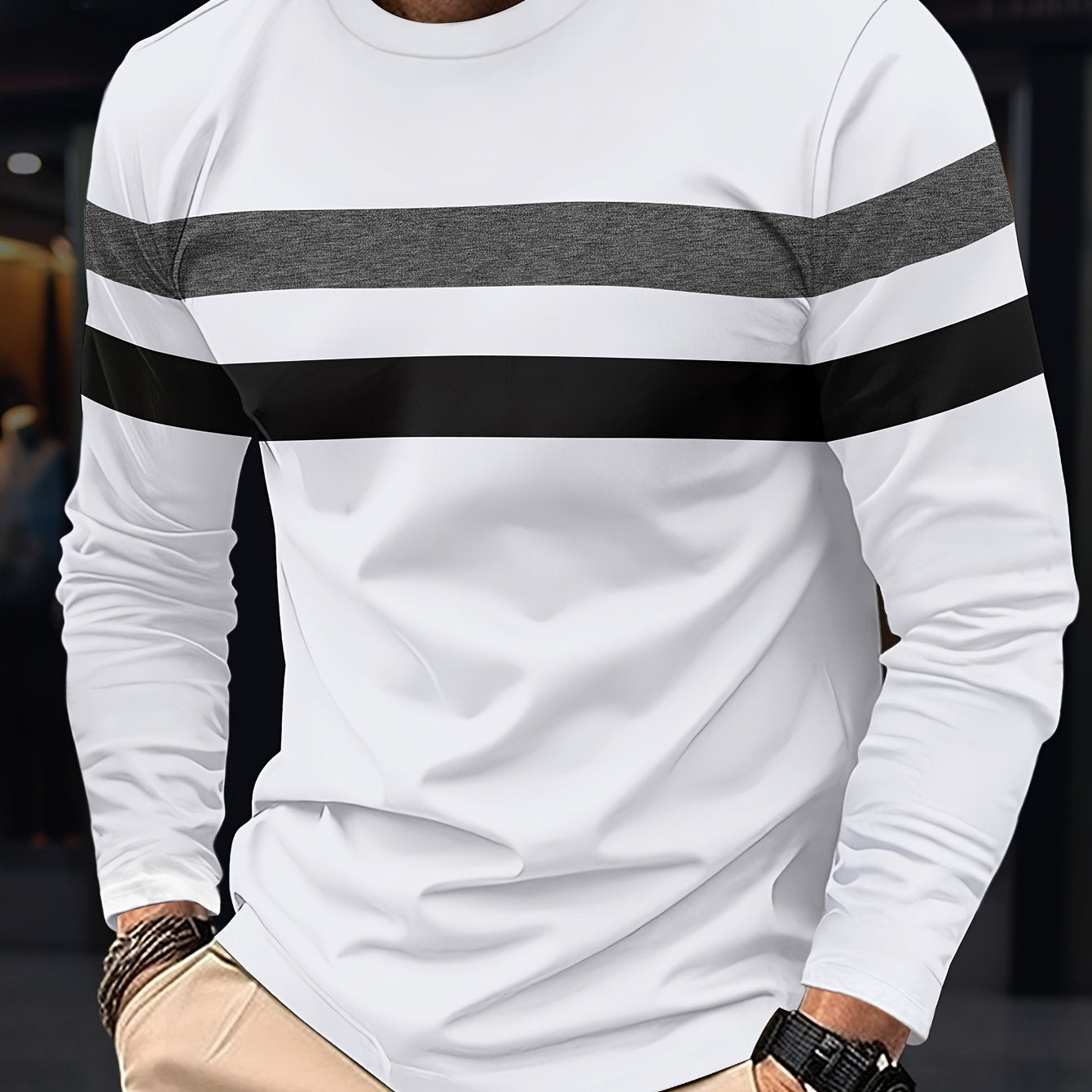 Men's Long Sleeve Crew Neck T-Shirt - Polyester Blend, Basic Solid Color with Color Block Detail, Slight Stretch Knit, Casual Sport Style, for Spring/Fall Beauty World Shop