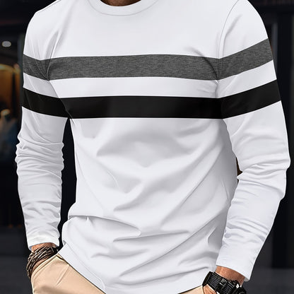 Men's Long Sleeve Crew Neck T-Shirt - Polyester Blend, Basic Solid Color with Color Block Detail, Slight Stretch Knit, Casual Sport Style, for Spring/Fall Beauty World Shop