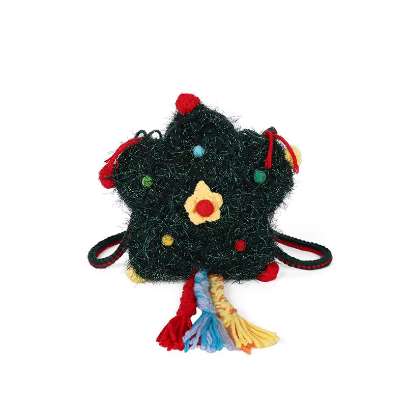 Christmas Tree Crochet Shoulder Bag Textured Casual Crossbody Bags for Kids Women Handmade Knitted Purse Holiday Gift Cute Bag