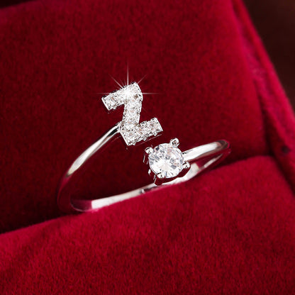 Fashionable 26 English Letters Four-Prong Synthetic Synthetic Zirconia Open Adjustment Ring Beauty Fashion