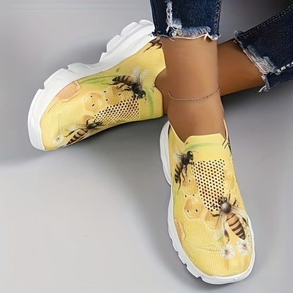 Breathable Knit Platform Sneakers - Women's Bee Print Slip On Outdoor Shoes - Comfortable Low Top Sport Shoes