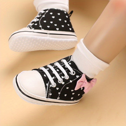 Baby Girls Heart Printed Lightweight Skate Shoes With Bowknot, Comfortable Non-slip Sport Walking Toddler Shoes, Fall Beauty World Shop