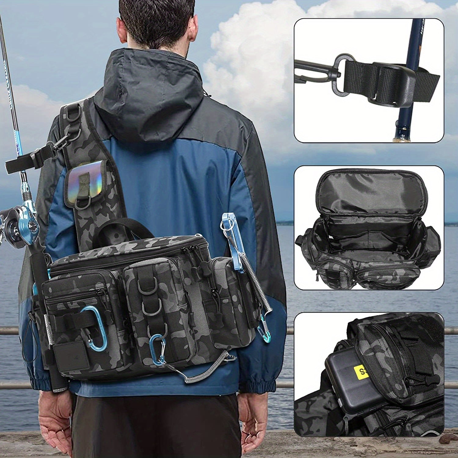 1pc Heavy-Duty Fishing Backpack Tackle Sling Bag with Rod Holder & Multi-Compartment - Lightweight Breathable Mesh Back, Durable Nylon/, Padded Shoulder Straps for Freshwater/Saltwater Fishing Gear, Camping & Outdoor (Ideal G Beauty Fashion
