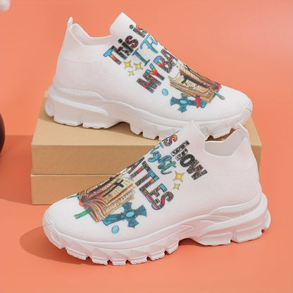 Women's Letter Print Platform Sneakers, Breathable Knit Slip On Outdoor Shoes, Comfortable Low Top Sport Shoes