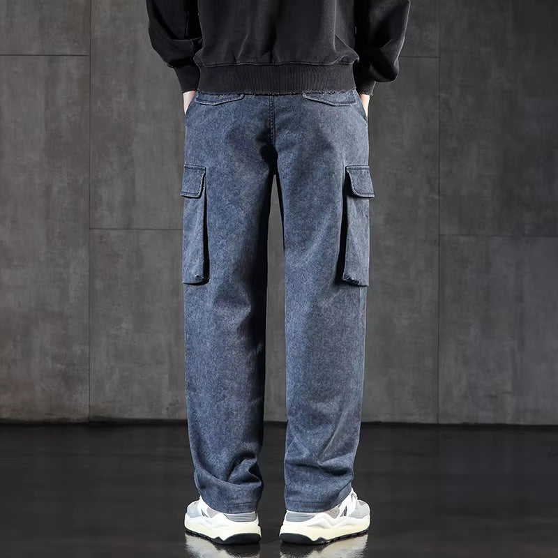 New Men'S Loose Cargo Jeans Outdoor Paratrooper Straight Pants Fashionable Stretch Loose Wide Leg Pants Large Size 4XL 5XL
