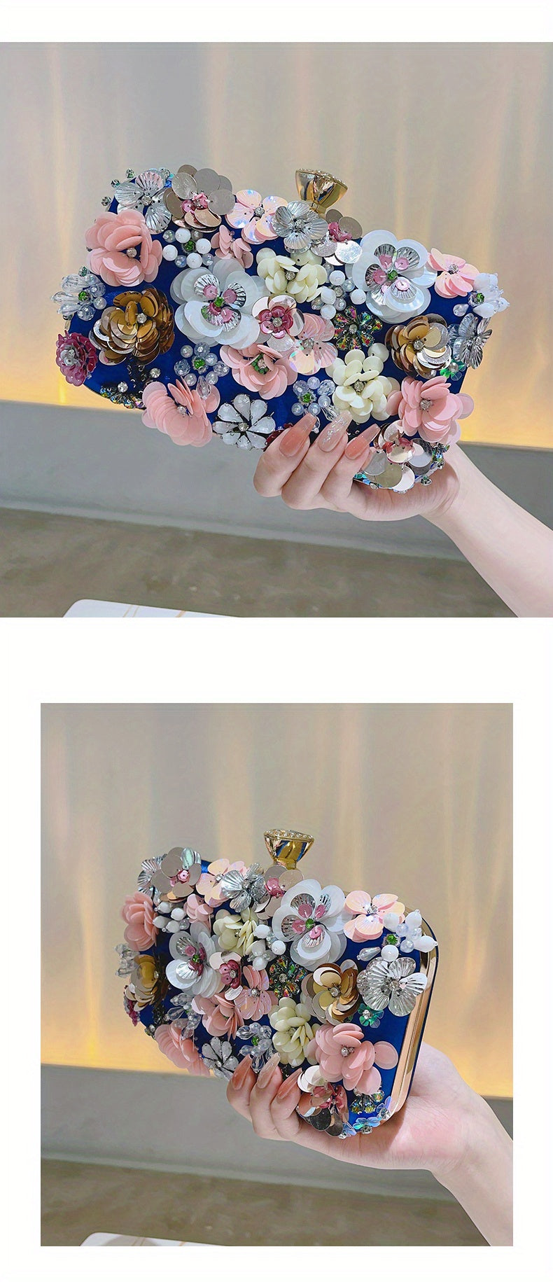 3D Beaded Elegant Evening Bag, Flower Box Clutch Purse for Women's Wedding Party Prom Beauty Fashion