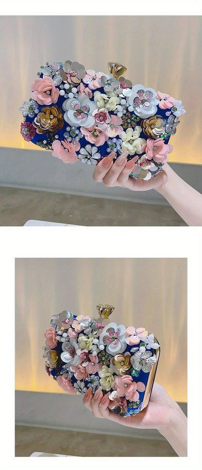 3D Beaded Elegant Evening Bag, Flower Box Clutch Purse for Women's Wedding Party Prom Beauty Fashion