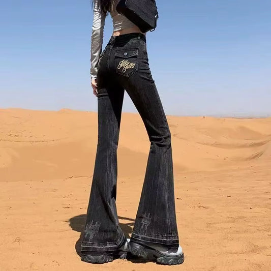 Vintage Slim Micro-Flare Jeans Women Ins Fashionable Splicing Belt Edge Y2K Pants High Waist Straight American Street Trousers