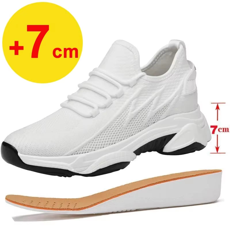 Summer Men Elevator Shoes Breathable Mesh Height Increase Sneakers Men Shoes Inner Length 7Cm Outdoor Leisure White Taller Shoes