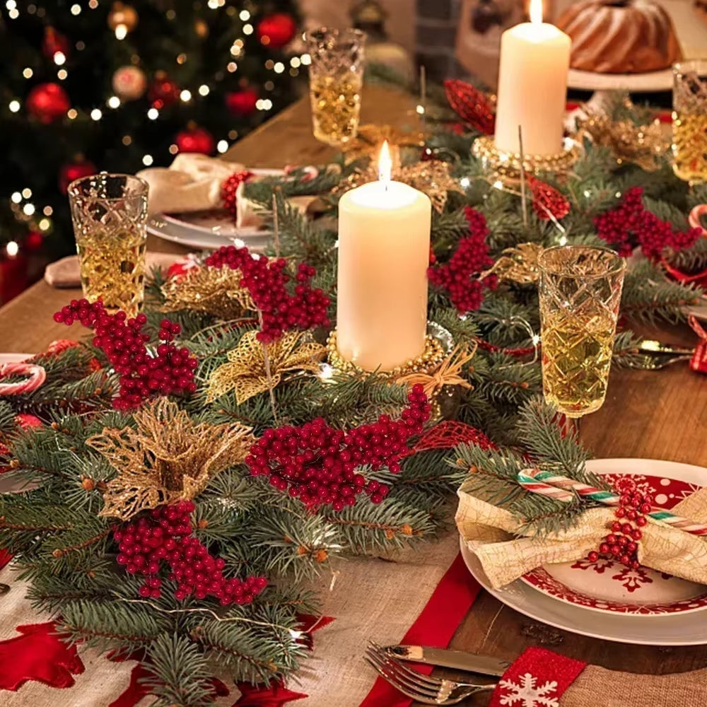 Christmas Artificial Red Berries Branch Fake Plants Flowers Holly Berry Stamen Wreath Ornaments for Xmas Tree Party Home Decor