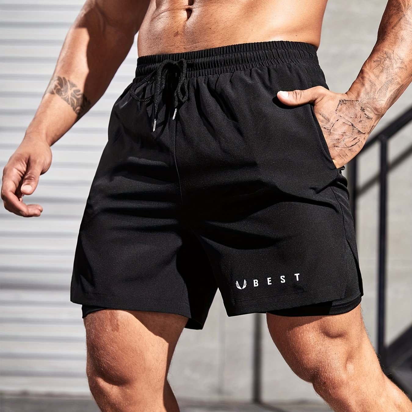 Double Layer Men's Sport Shorts With Drawstring For Outdoor Activities