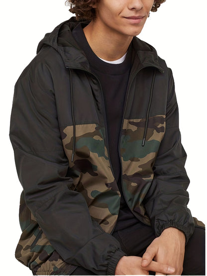 Men's Camouflage Sport Jacket Coat - Breathable Hooded Zip-Up Design, Regular Fit Casual Outdoor & Daily Wear, Earthy Green/Brown/Black/Gray Tones, Camouflage Jacket, Durable Construction