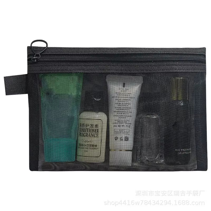 Fashion Small Large Black Organizer Toiletry and Makeup Pouch Transparent Mesh Zipper Cosmetic Bag Women Necessary Organizer