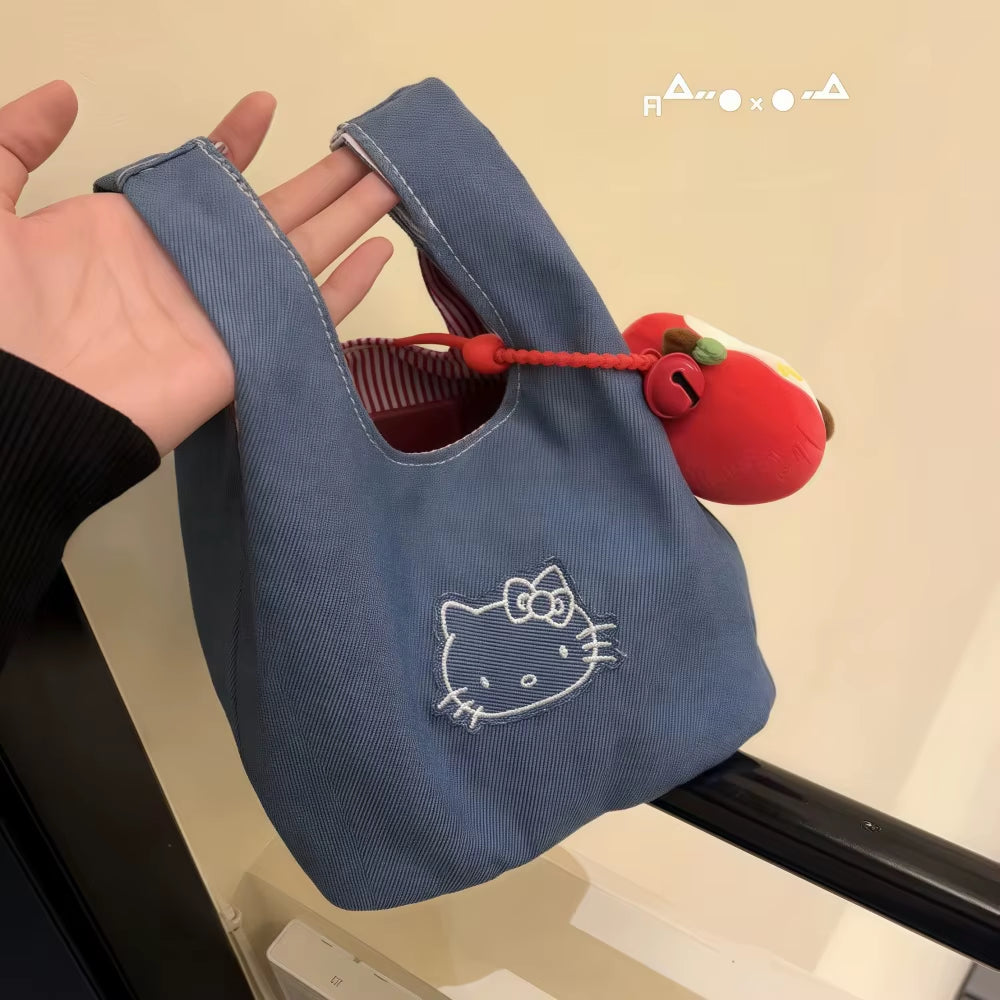 Kitty Shoulder Bag Cute Denim Embroidered Large Capacity Portable Handbag for Walking Outdoors Office Commute and Lunch Carry