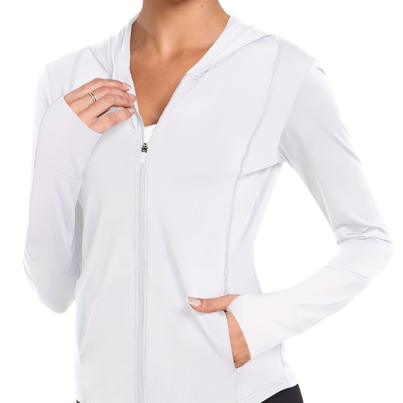 Women's Full-Zip Long Sleeve Sport Shirt with Thumbhole Design - Moisture-Wicking Protection Yoga Running Top, Light Blue All-Season Machine Washable Activewear, Running Shirt | Sporty Look | Stretchable Fabric Beauty World Shop