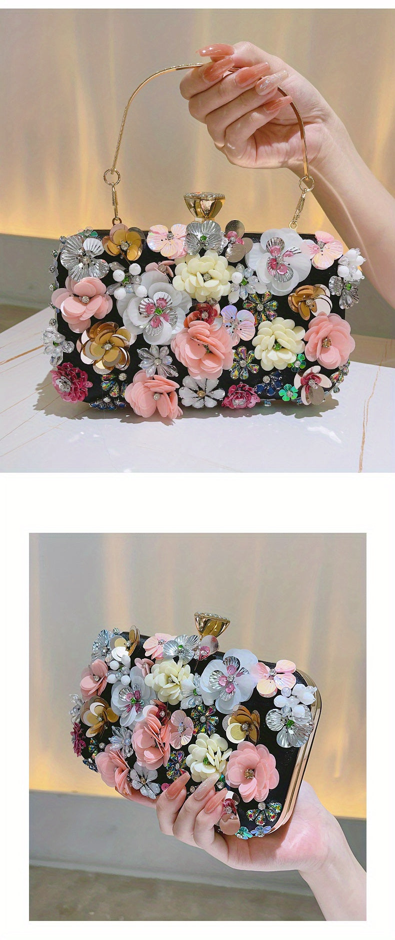 3D Beaded Elegant Evening Bag, Flower Box Clutch Purse for Women's Wedding Party Prom Beauty Fashion