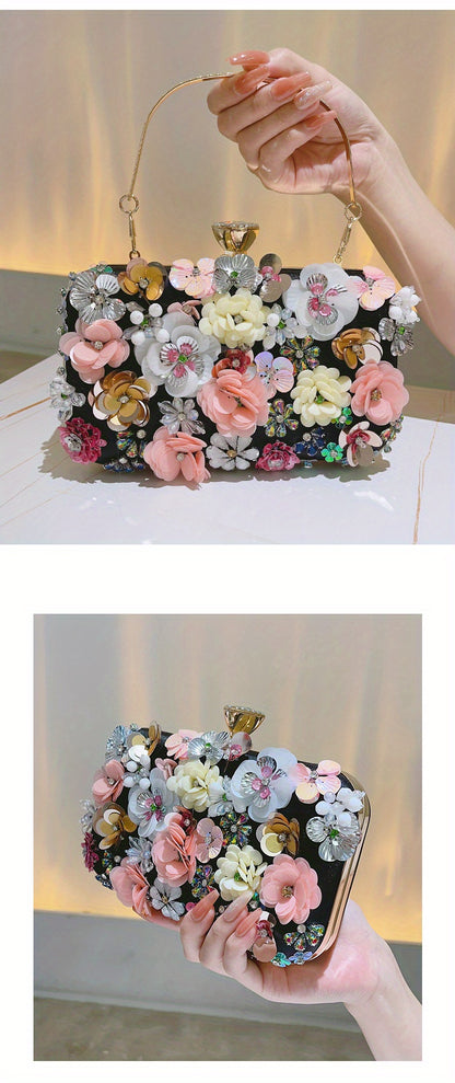 3D Beaded Elegant Evening Bag, Flower Box Clutch Purse for Women's Wedding Party Prom Beauty Fashion