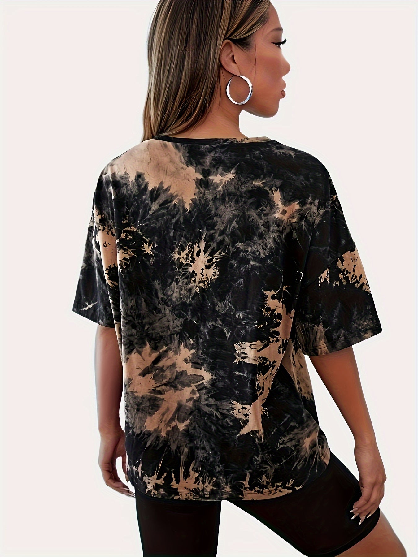 Women's Casual Loose Fit Tee With Skull Hand Print, Streetwear Style, Short Sleeve Sport T-Shirt, Tie-Dye Pattern, Breathable Top Beauty World Shop