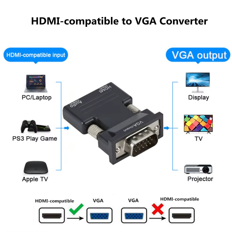 VGA to Hdmi-Compatible Adapter Converter 1080P HDMI to VGA Adapter for PC Laptop to HDTV Projector Video Audio Converter