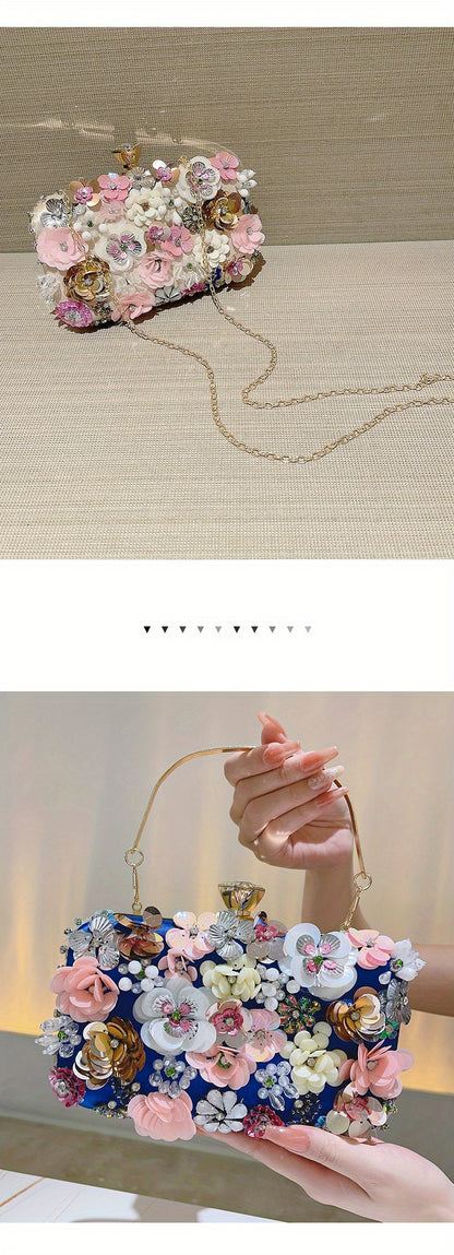 3D Beaded Elegant Evening Bag, Flower Box Clutch Purse for Women's Wedding Party Prom Beauty Fashion